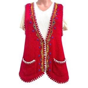 Ivy Wear Red Sweater Vest Medium Beaded Handcrafted Boho Folk Art Pockets Silk